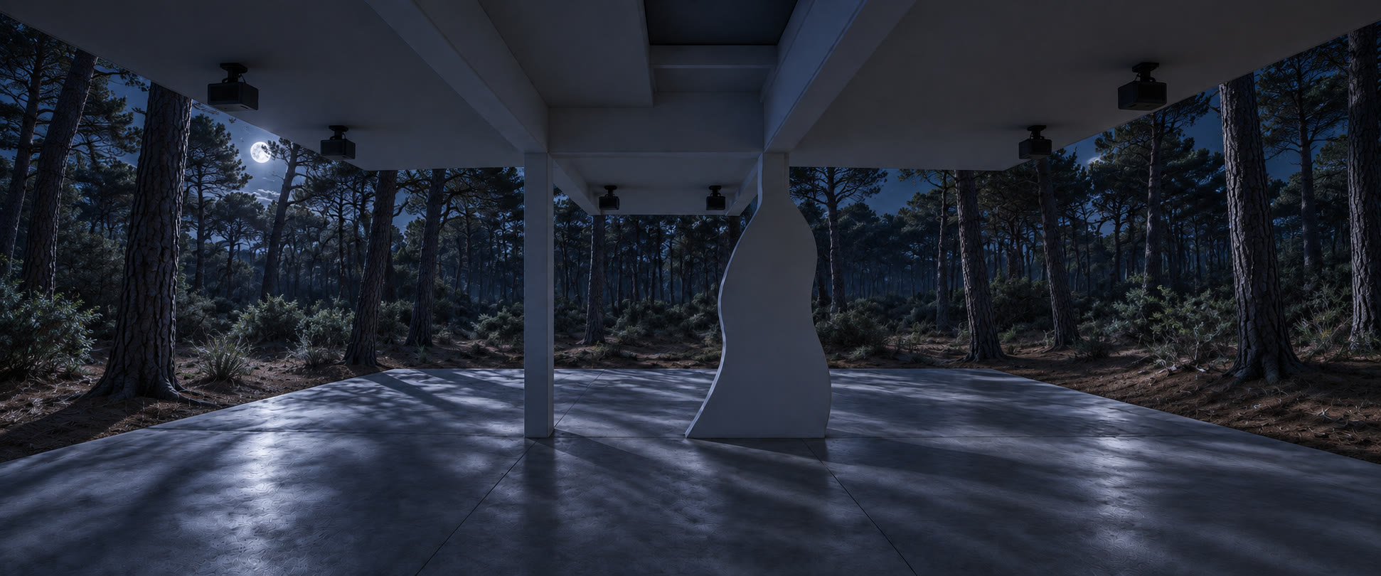La sala principal con las paredes proyectadas como un bosque de pinos de noche.