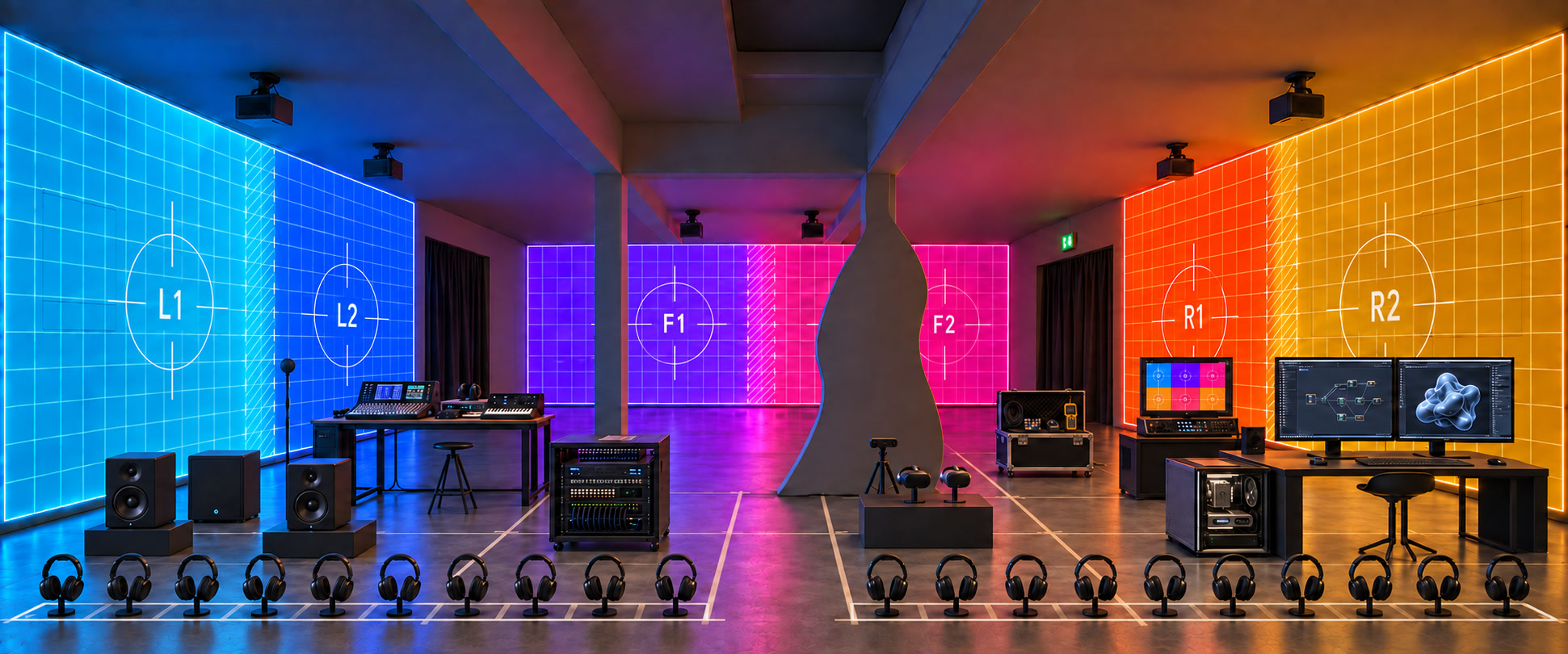 La sala con la grilla de calibración en las paredes y el equipamiento: auriculares en fila, parlantes, consolas, sintetizadores y estaciones de trabajo.
